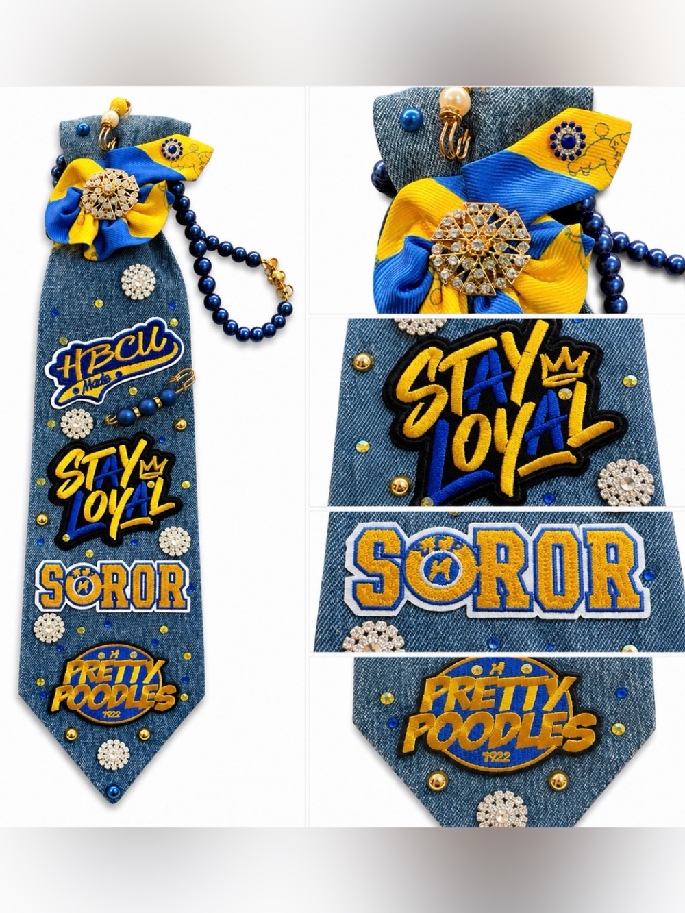 Handmade HBCU Soror Denim Statement tie necklace Blue Gold Bling